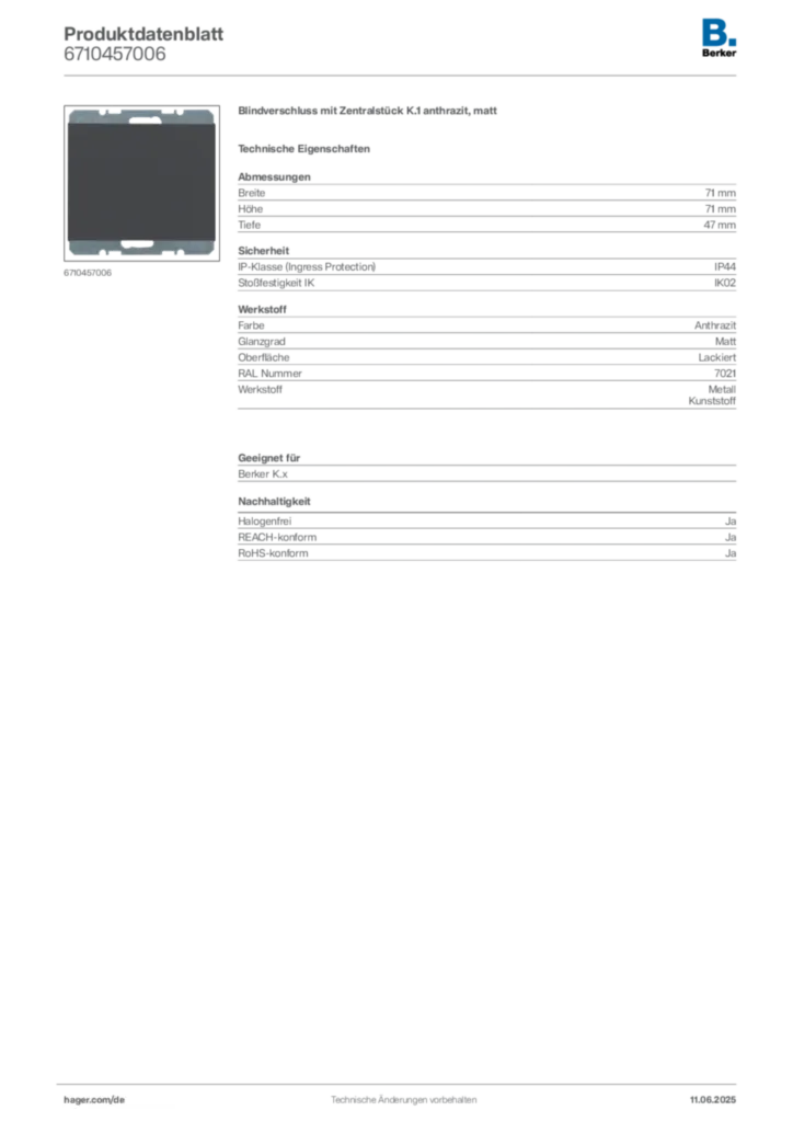 Bild Berker Produktdatenblatt 6710457006 | Hager Deutschland