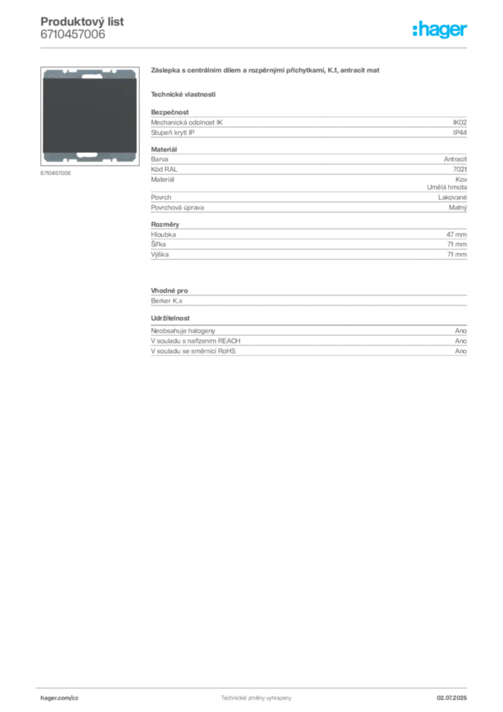 Obrázek Hager Produktový list 6710457006 | Hager