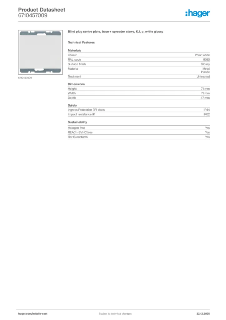 Image Hager Product data sheet 6710457009  | Hager