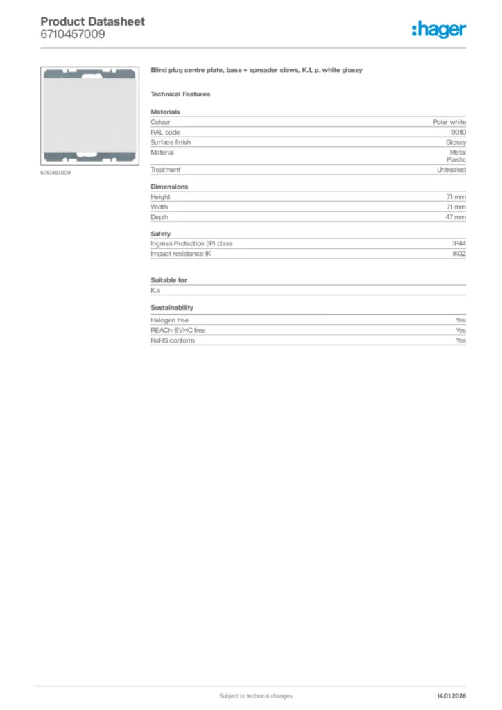 Image Hager Product data sheet 6710457009  | Hager