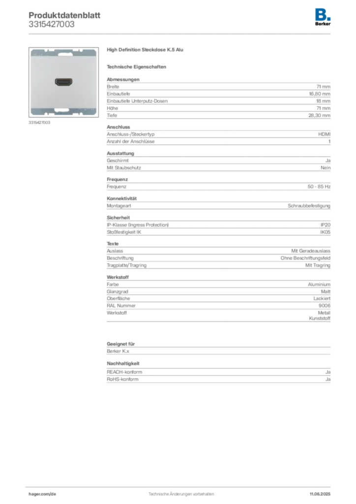 Berker Produktdatenblatt 3315427003