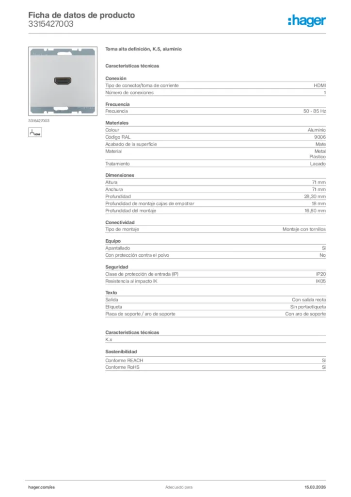 Imagen Hager Ficha de datos de producto 3315427003 | Hager España