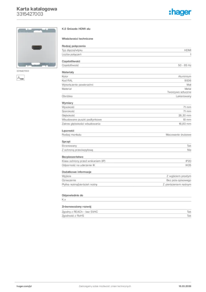 Zdjęcie Hager Karta katalogowa 3315427003 | Hager Polska