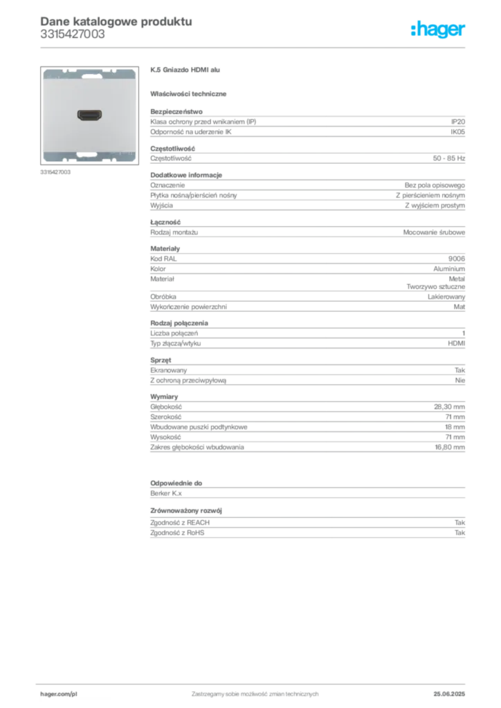 Zdjęcie Hager Dane katalogowe produktu 3315427003 | Hager Polska