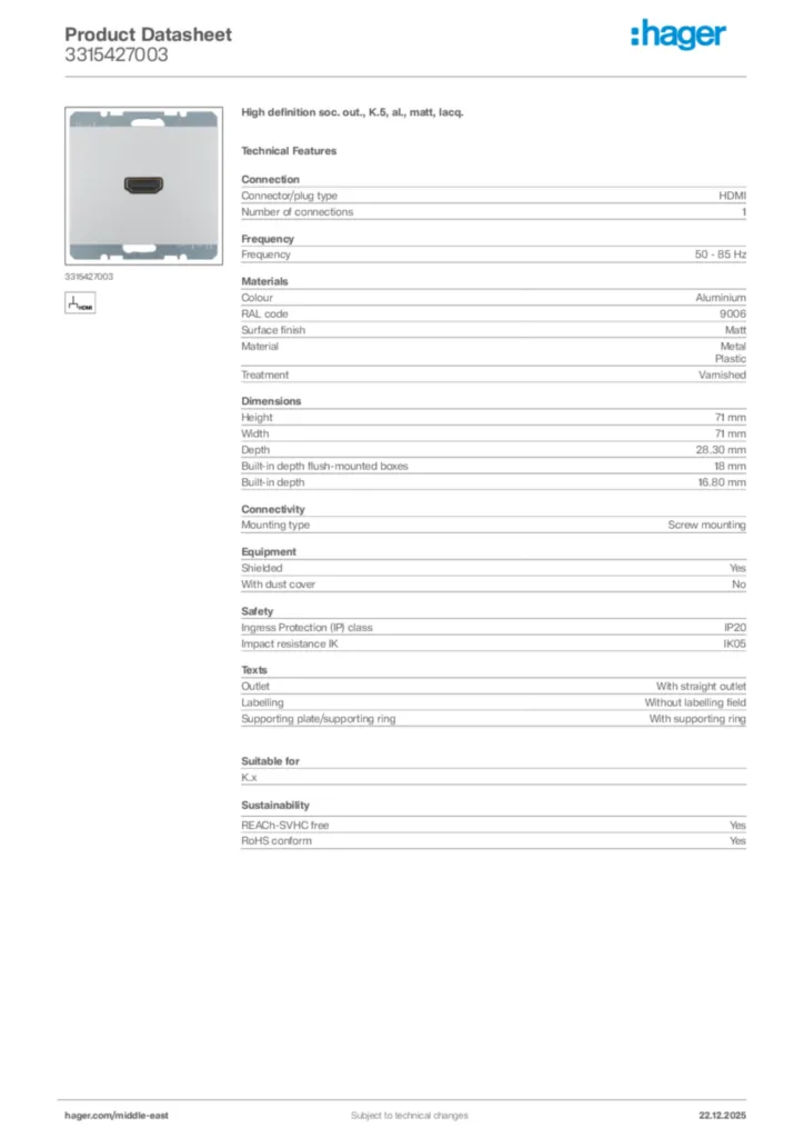 Image Hager Product data sheet 3315427003  | Hager