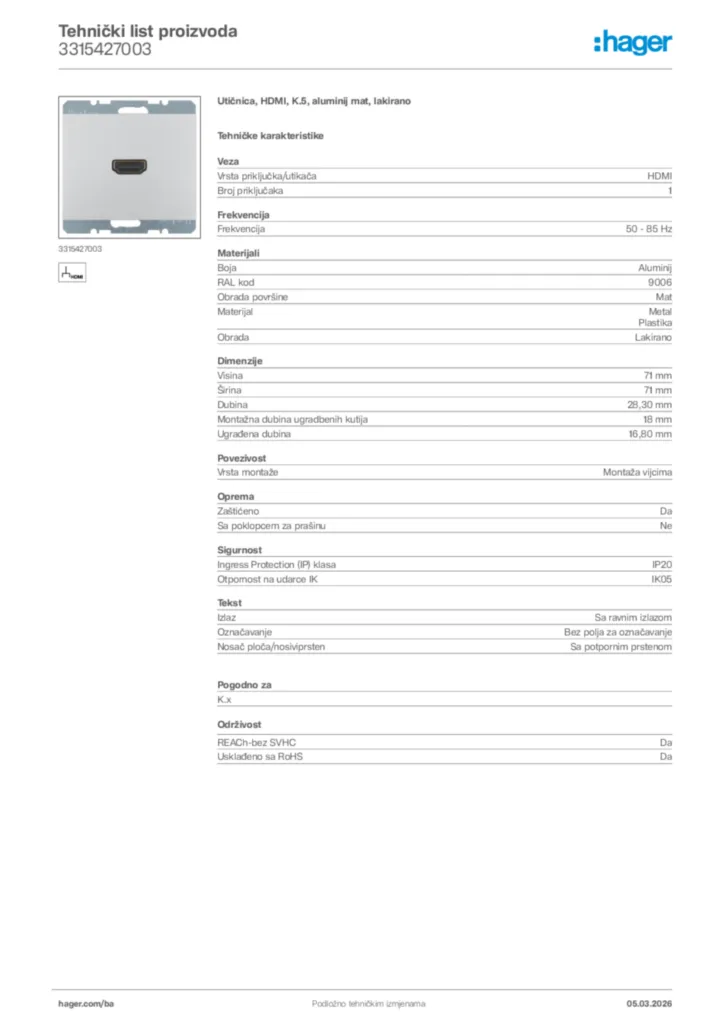 Slika Hager Tehnički list proizvoda 3315427003  | Hager