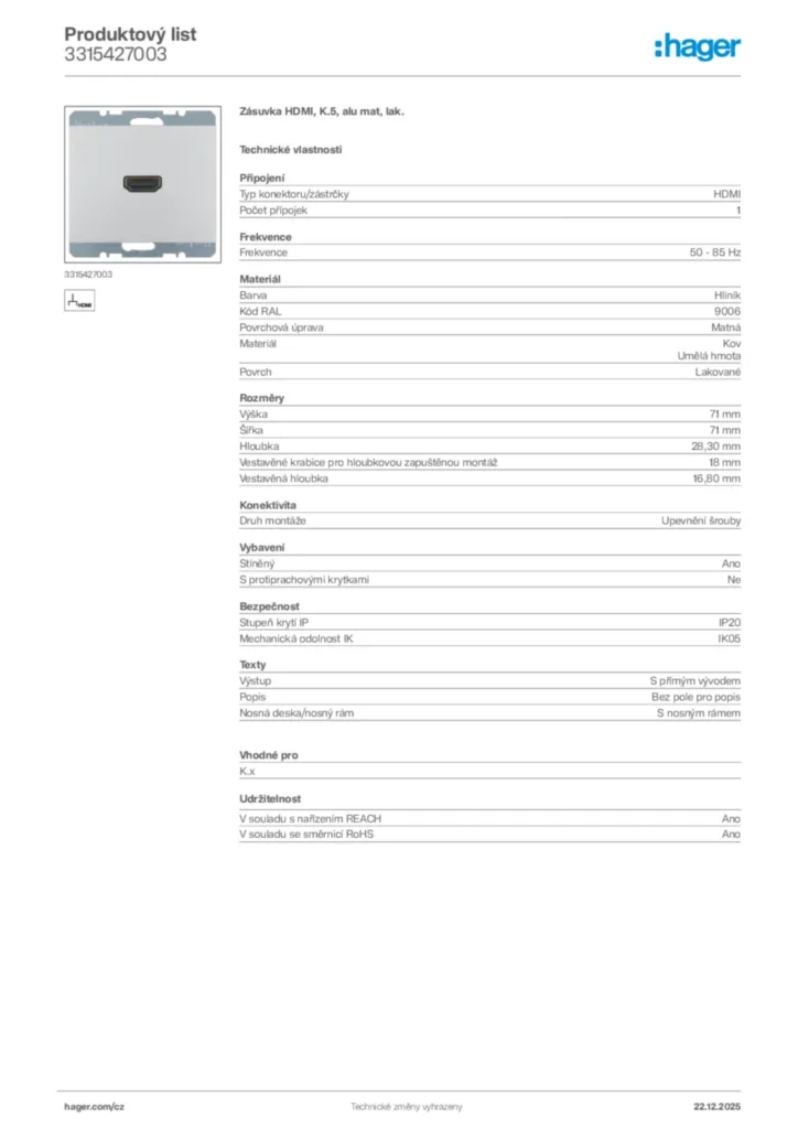Obrázek Hager Produktový list 3315427003 | Hager
