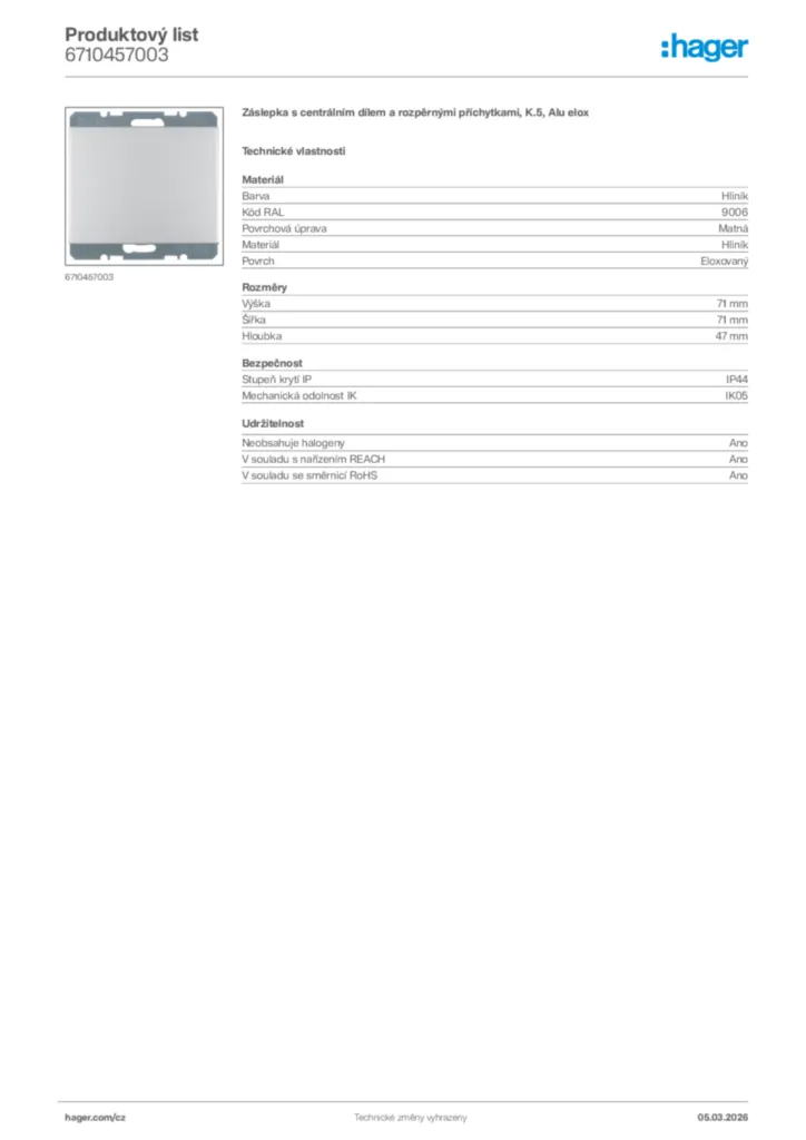 Obrázek Hager Product data sheet 6710457003 | Hager