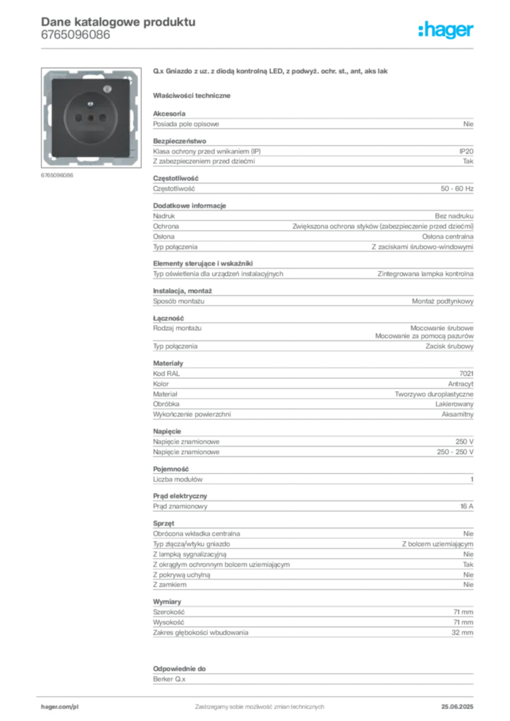 Zdjęcie Hager Dane katalogowe produktu 6765096086 | Hager Polska