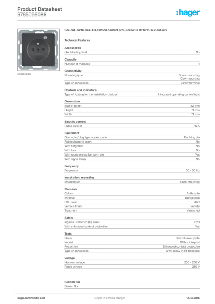 Image Hager Product data sheet 6765096086  | Hager