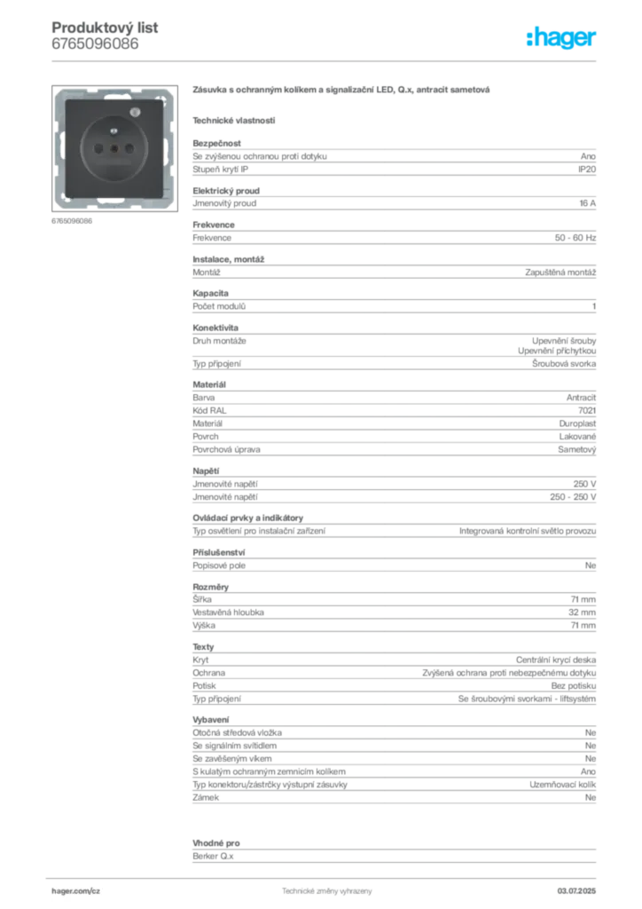 Obrázek Hager Produktový list 6765096086 | Hager