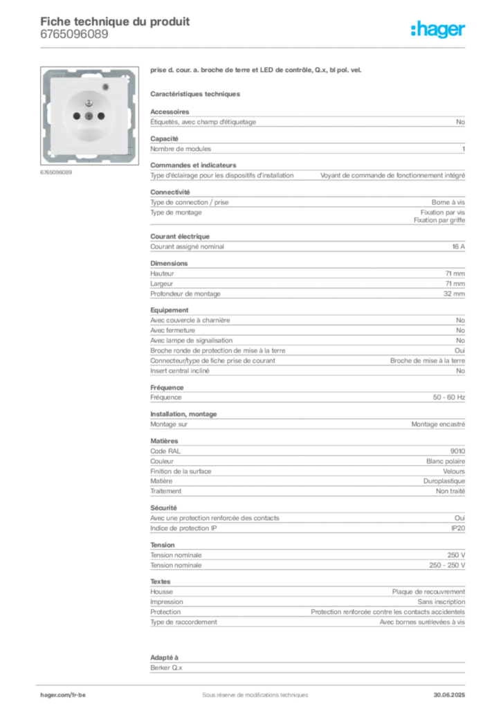 Image Hager Fiche technique du produit 6765096089 | Hager Belgique