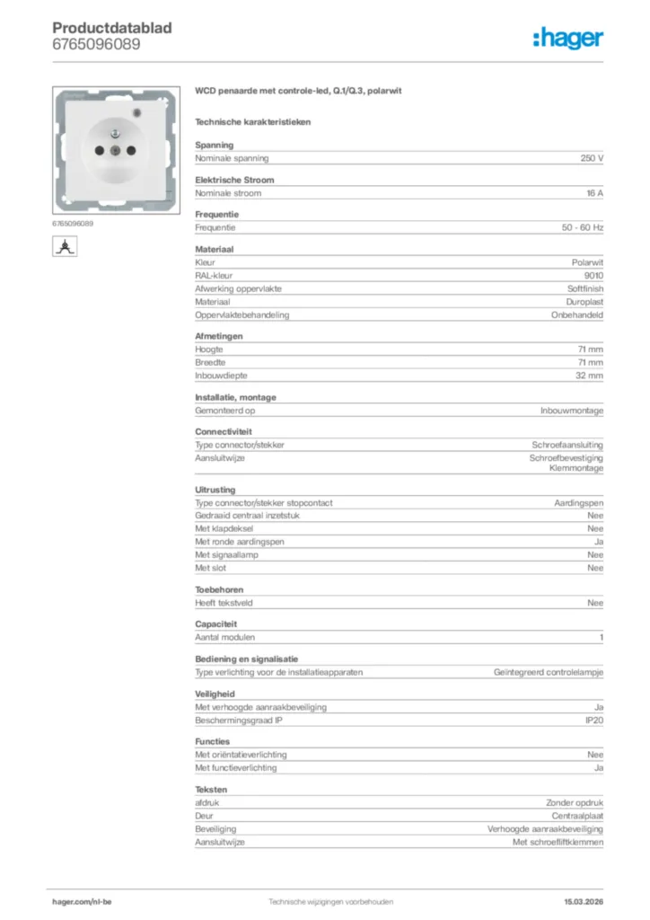 Afbeelding Hager Productdatablad 6765096089 | Hager Belgium