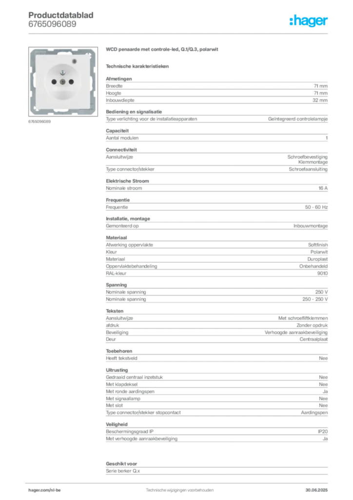 Afbeelding Hager Productdatablad 6765096089 | Hager Belgium