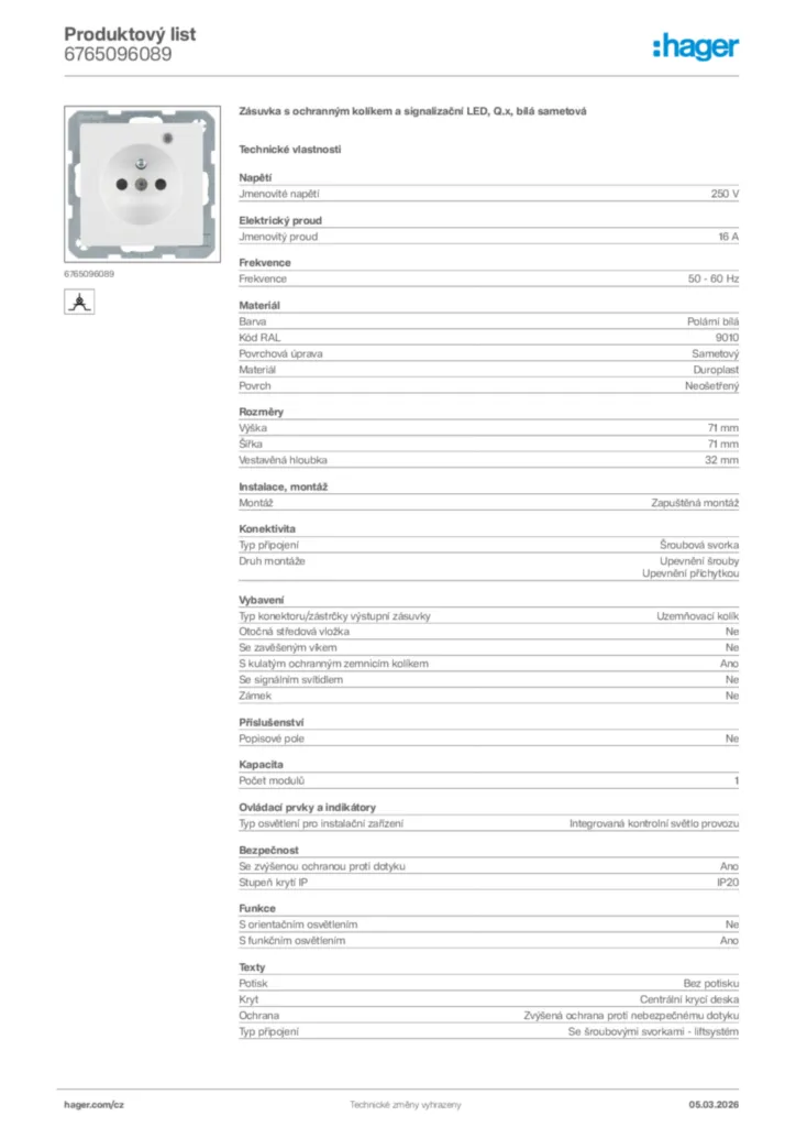 Obrázek Hager Product data sheet 6765096089 | Hager