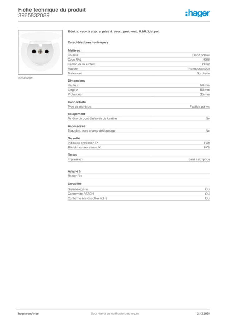 Image Hager Fiche technique du produit 3965832089 | Hager Belgique