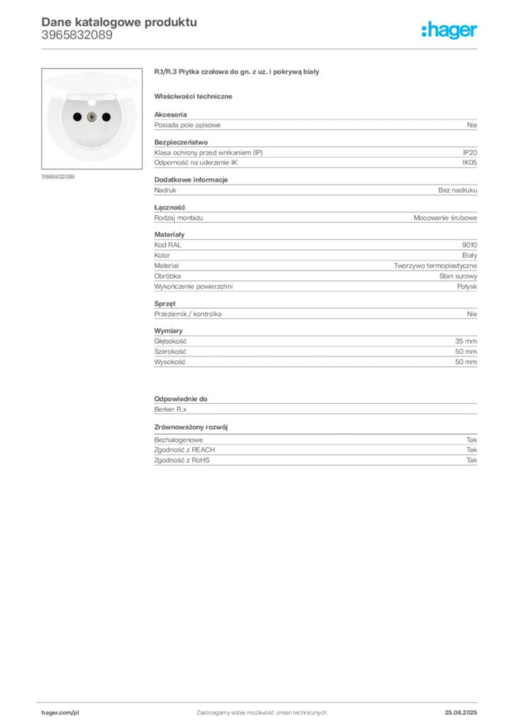 Zdjęcie Hager Dane katalogowe produktu 3965832089 | Hager Polska