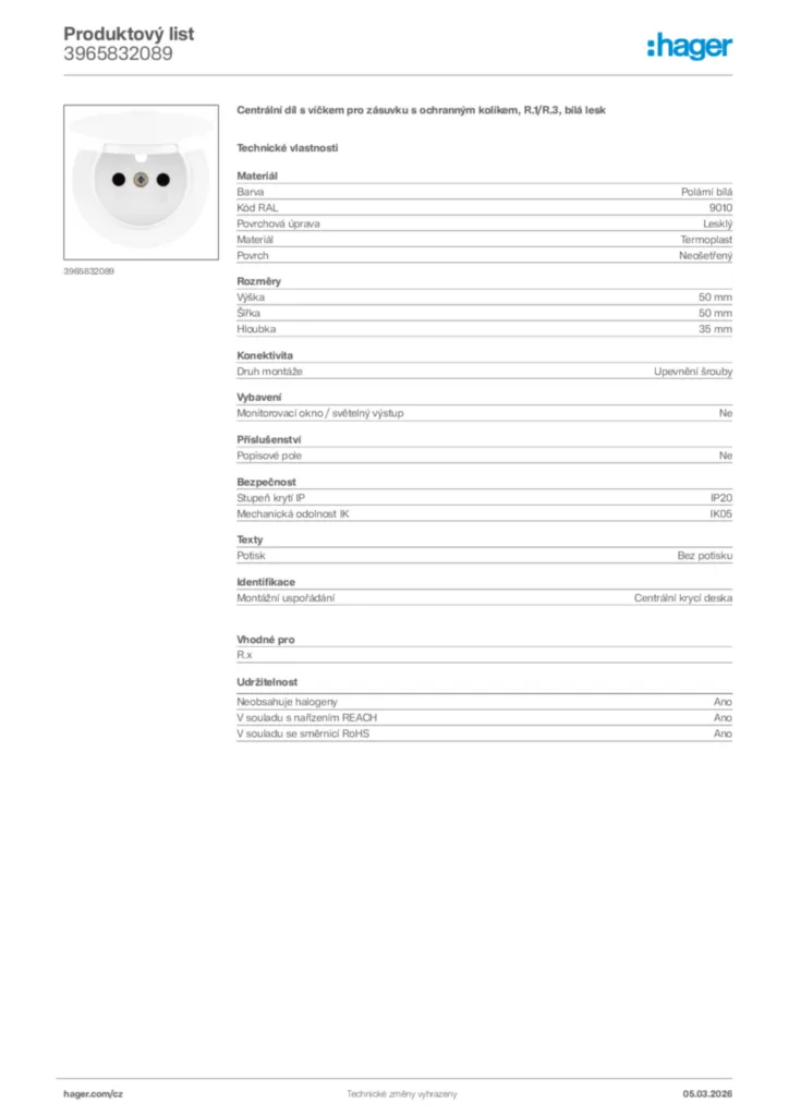 Obrázek Hager Product data sheet 3965832089 | Hager