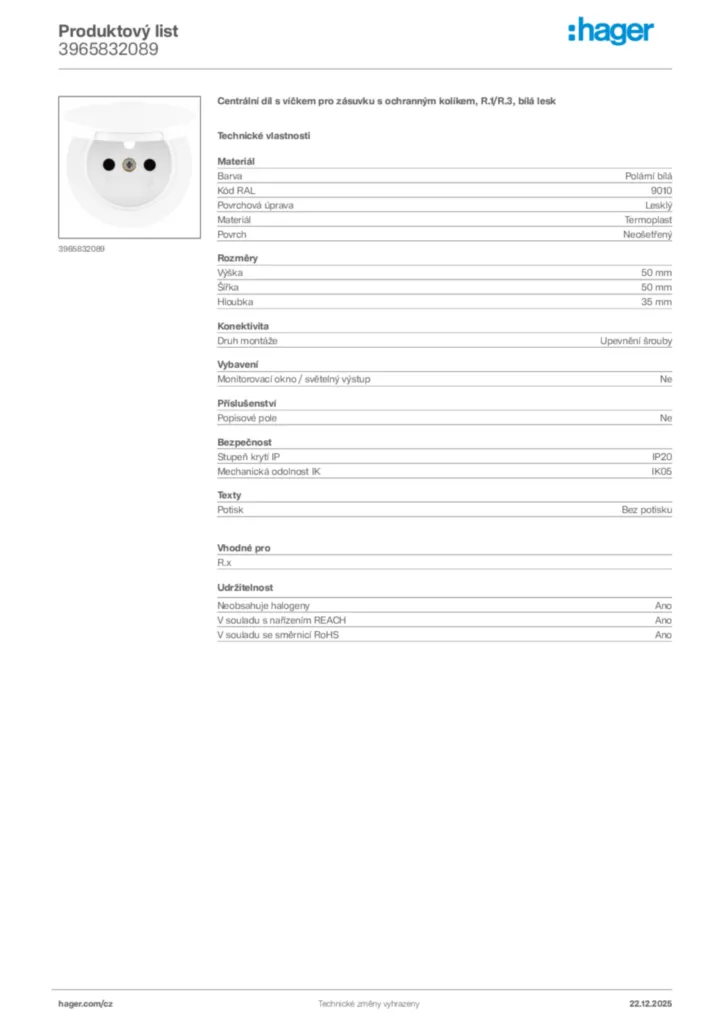 Obrázek Hager Produktový list 3965832089 | Hager