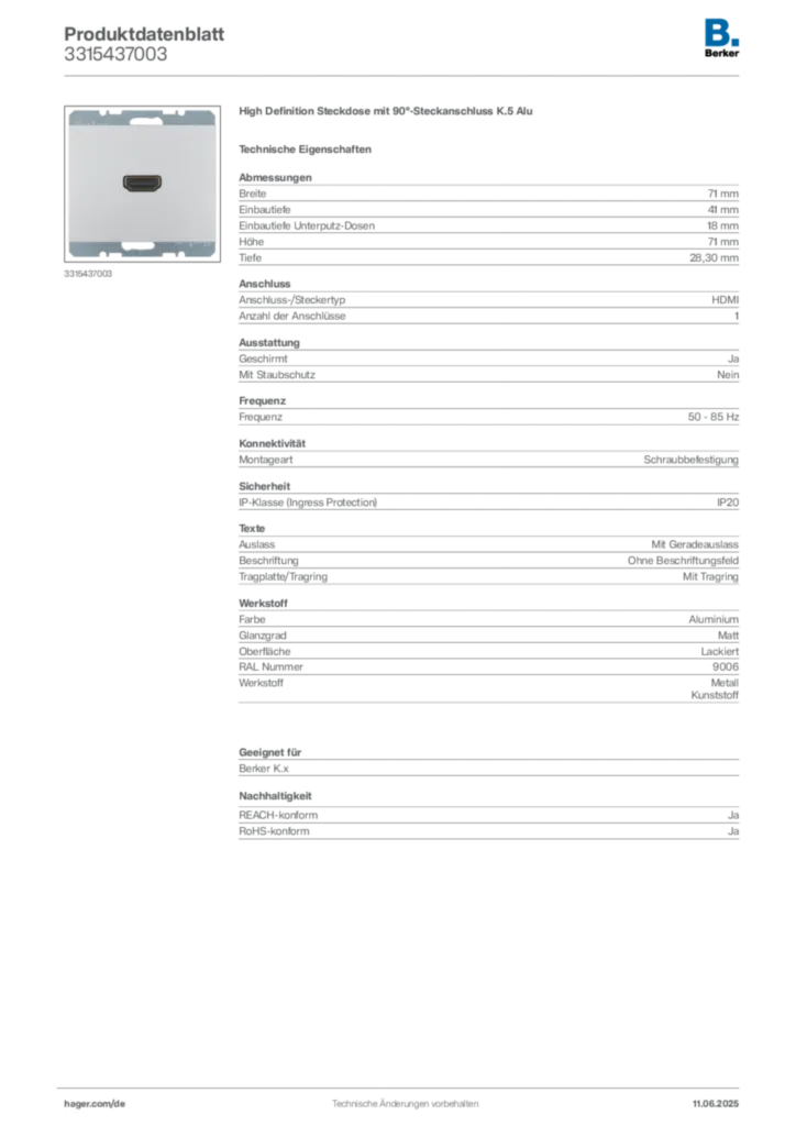 Bild Berker Produktdatenblatt 3315437003 | Hager Deutschland