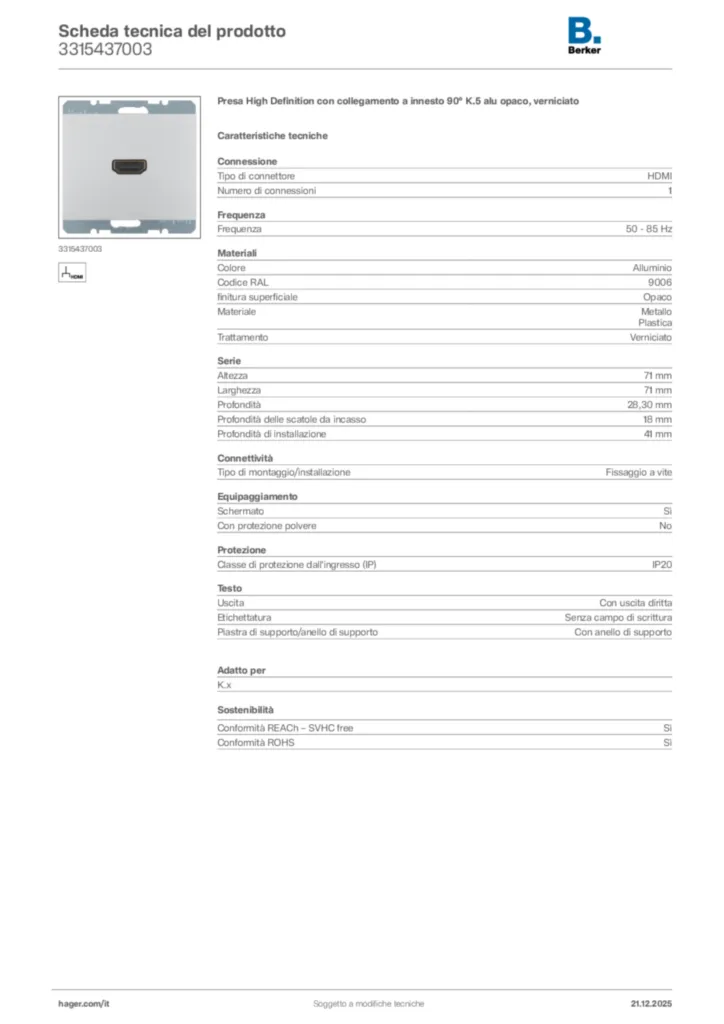 Immagine Berker Scheda tecnica del prodotto 3315437003 | Hager Italia