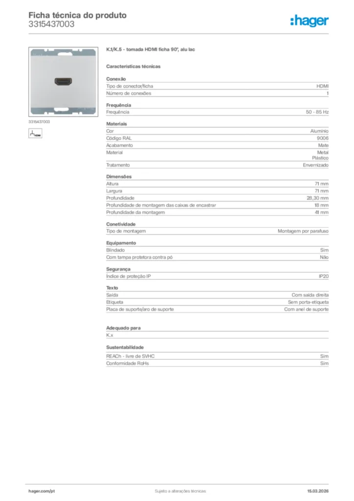 Imagem Hager Ficha técnica do produto 3315437003 | Hager Portugal