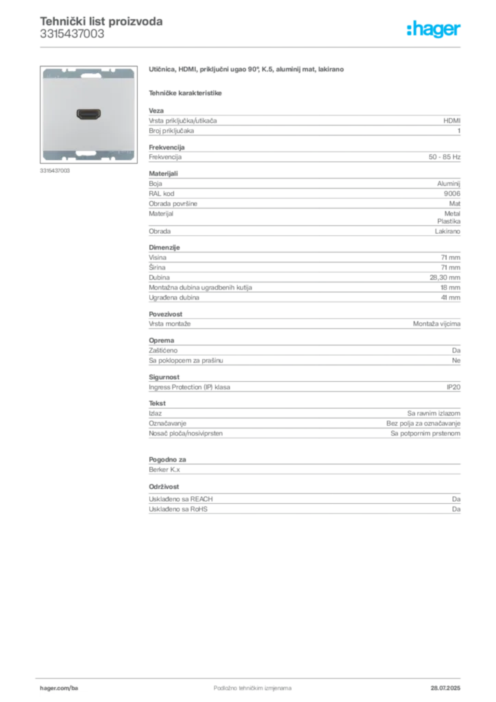 Slika Hager Product data sheet 3315437003  | Hager