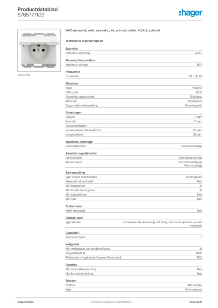 Afbeelding Hager Productdatablad 6765777109 | Hager Nederland