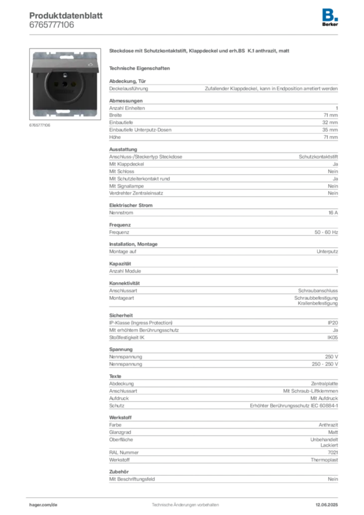 Berker Produktdatenblatt 6765777106