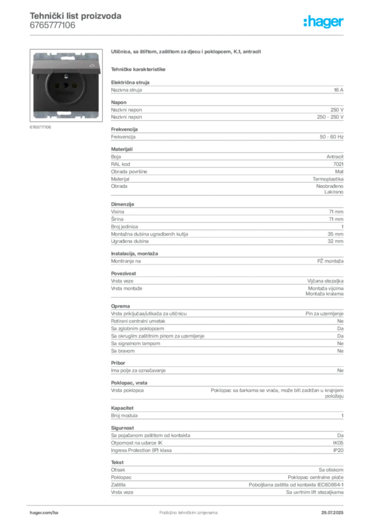 Slika Hager Product data sheet 6765777106  | Hager