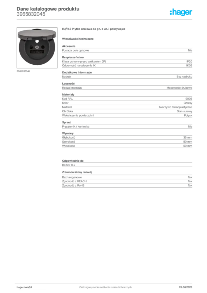 Zdjęcie Hager Dane katalogowe produktu 3965832045 | Hager Polska