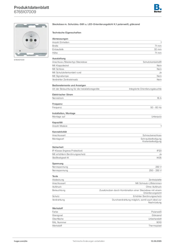 Berker Produktdatenblatt 6765107009