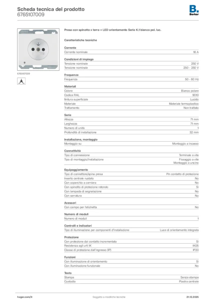 Immagine Berker Scheda tecnica del prodotto 6765107009 | Hager Italia