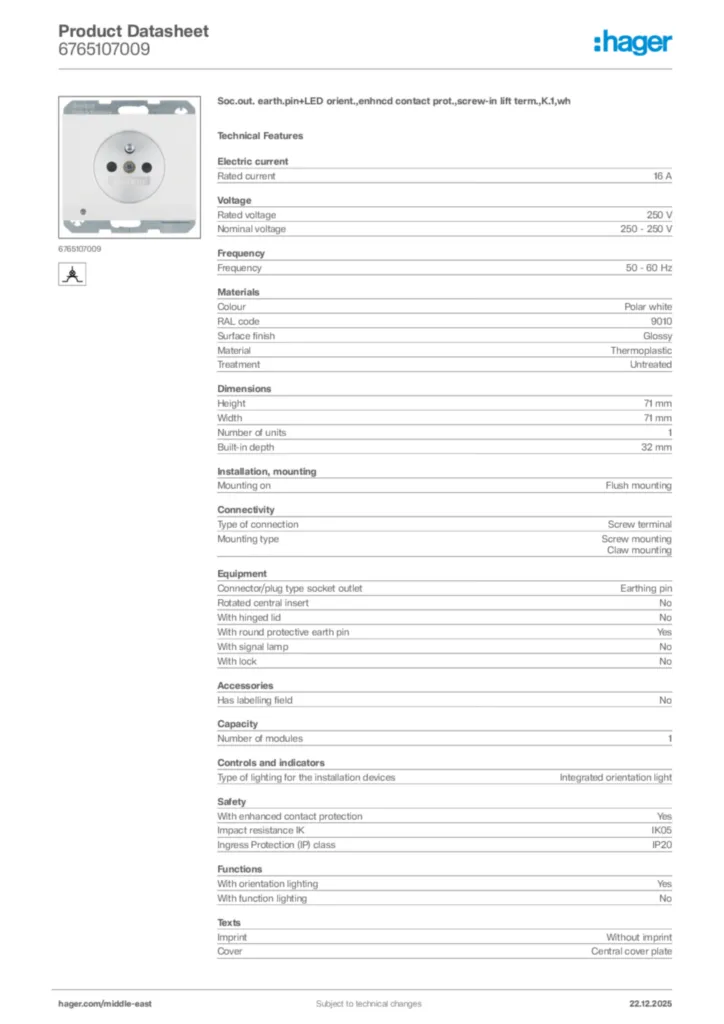 Image Hager Product data sheet 6765107009  | Hager