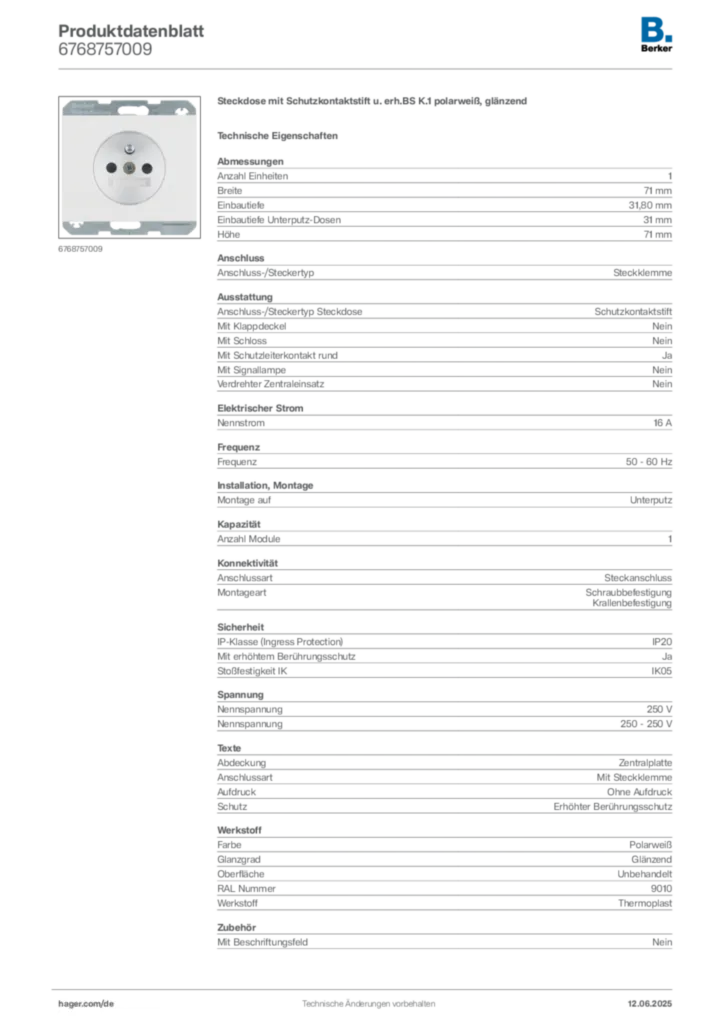 Berker Produktdatenblatt 6768757009