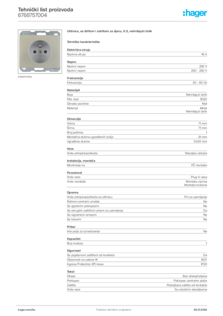 Slika Hager Product data sheet 6768757004  | Hager