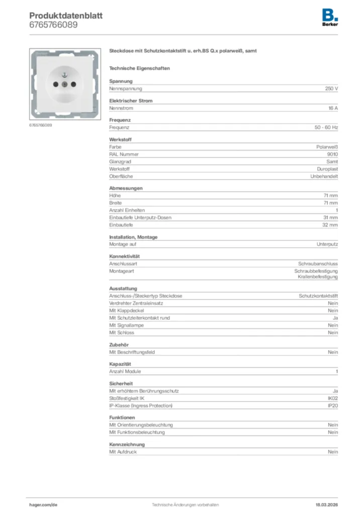 Bild Berker Produktdatenblatt 6765766089 | Hager Deutschland