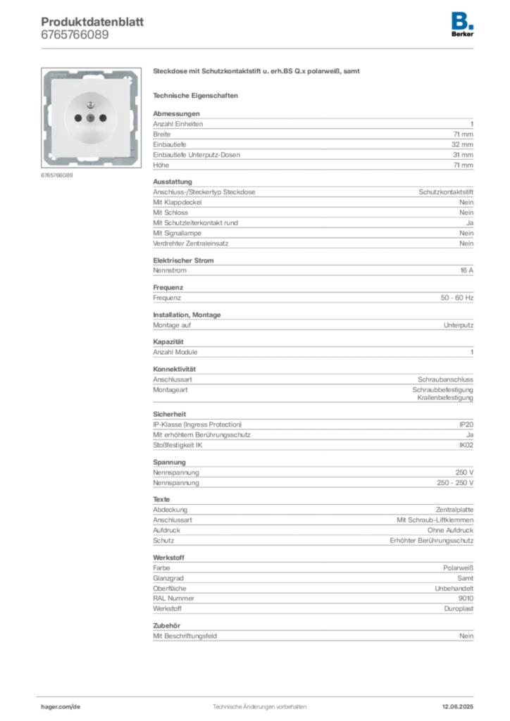 Berker Produktdatenblatt 6765766089