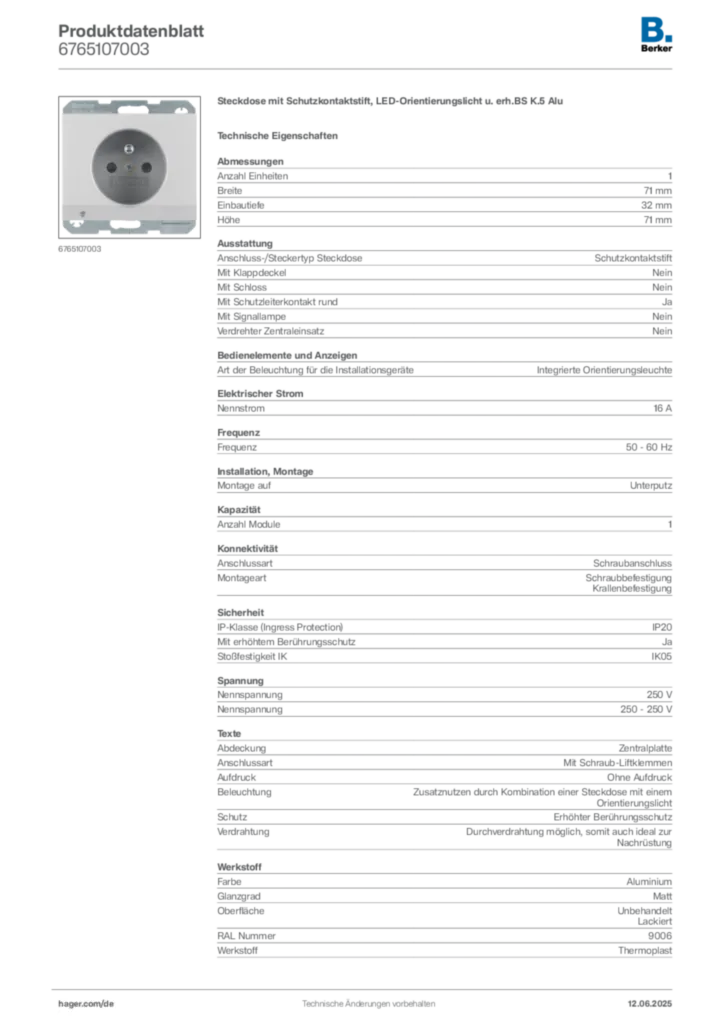 Berker Produktdatenblatt 6765107003