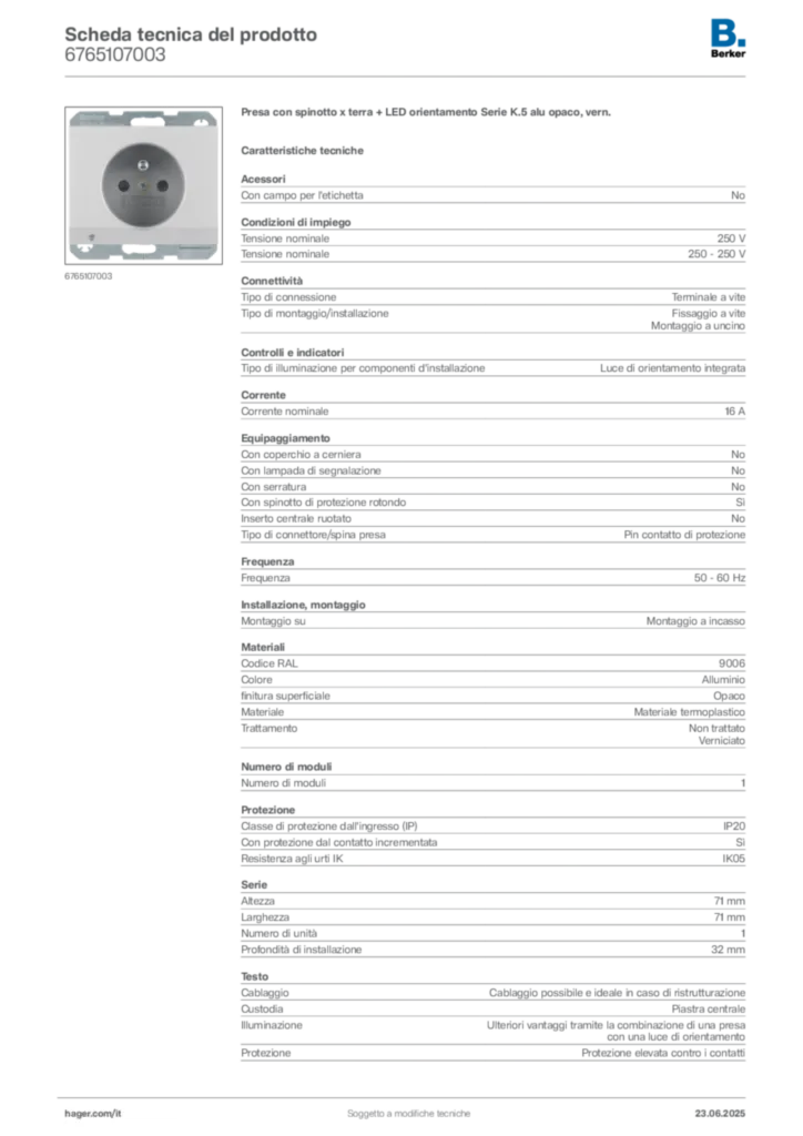 Immagine Berker Scheda tecnica del prodotto 6765107003 | Hager Italia