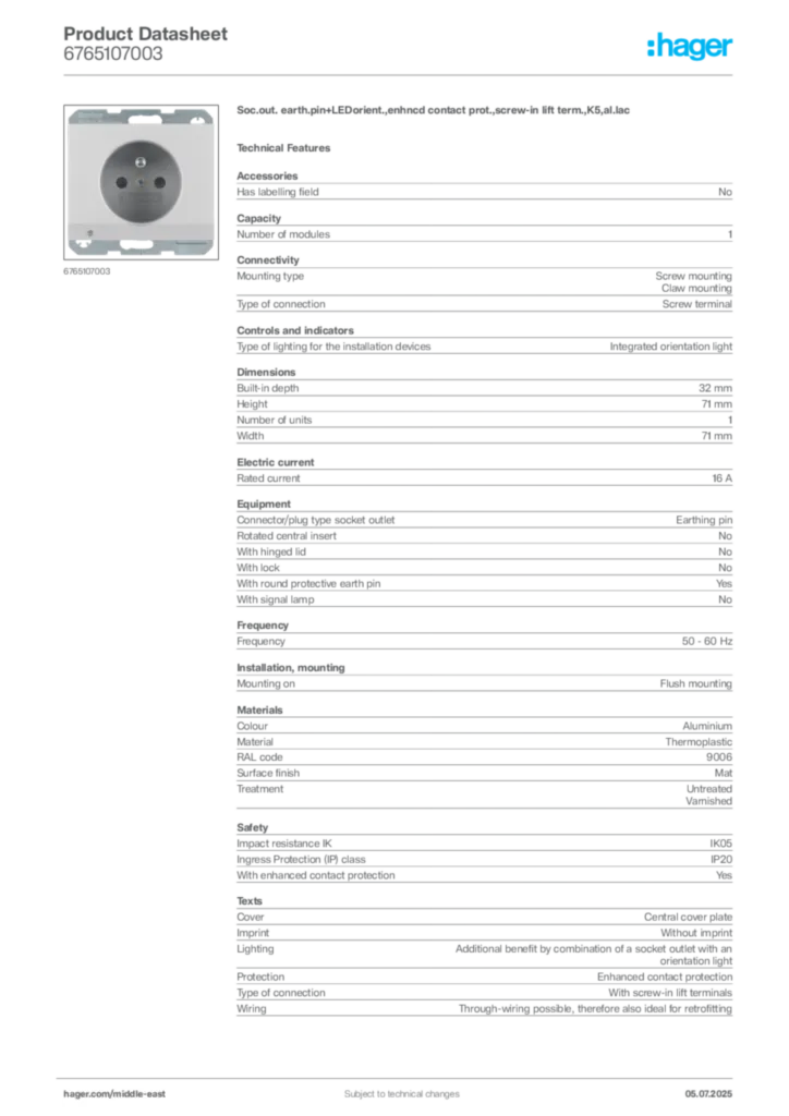 Image Hager Product data sheet 6765107003  | Hager