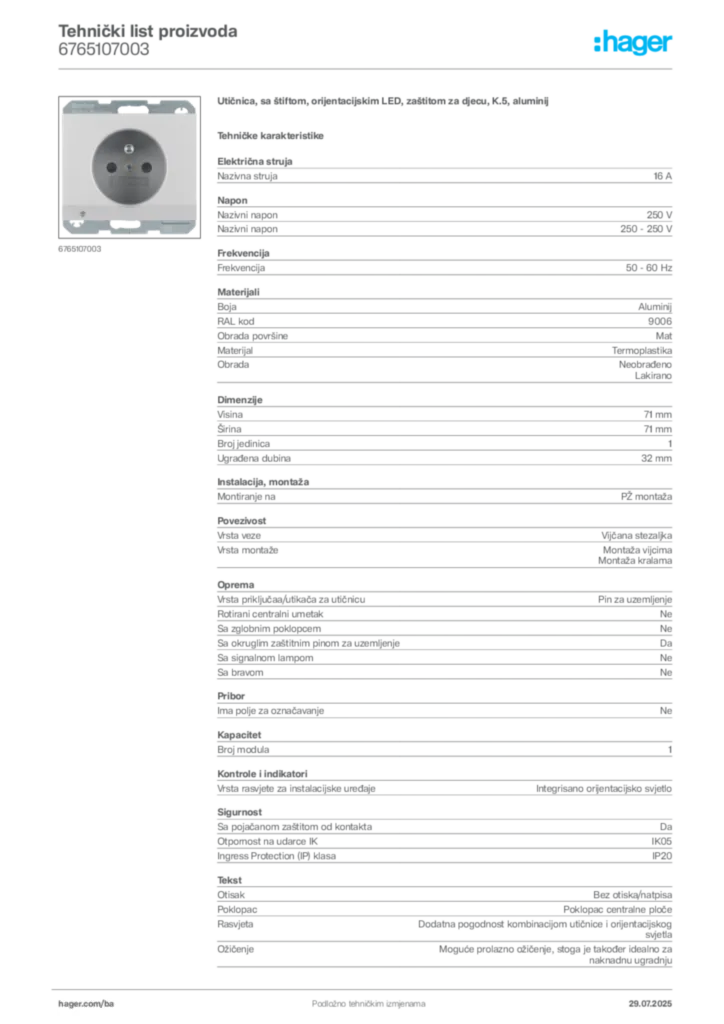 Slika Hager Product data sheet 6765107003  | Hager