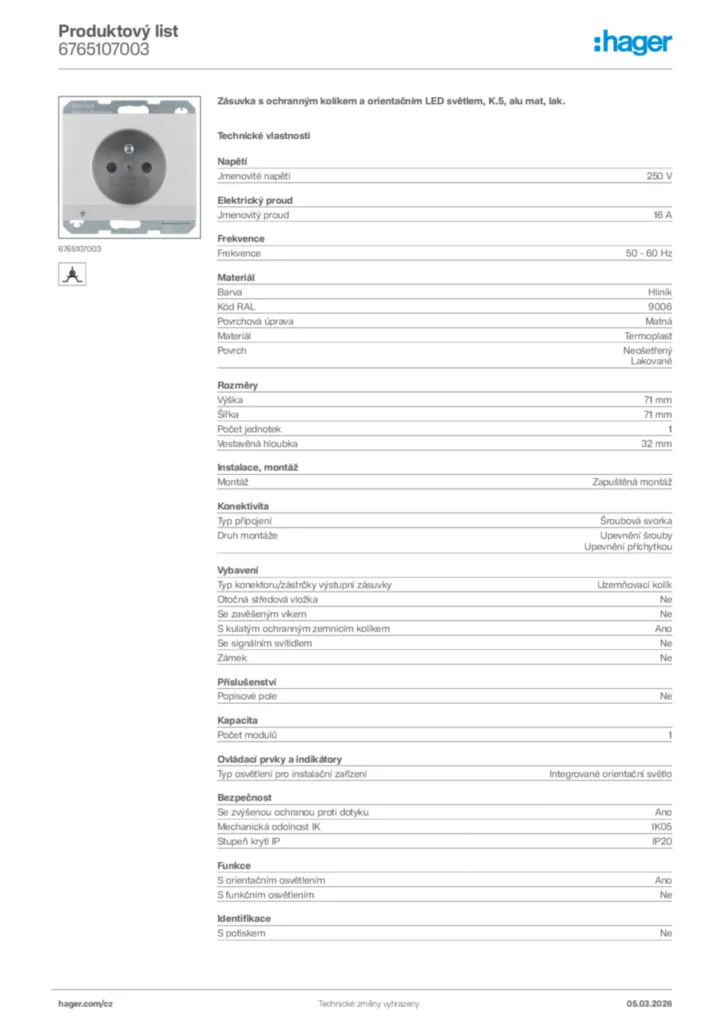Obrázek Hager Product data sheet 6765107003 | Hager