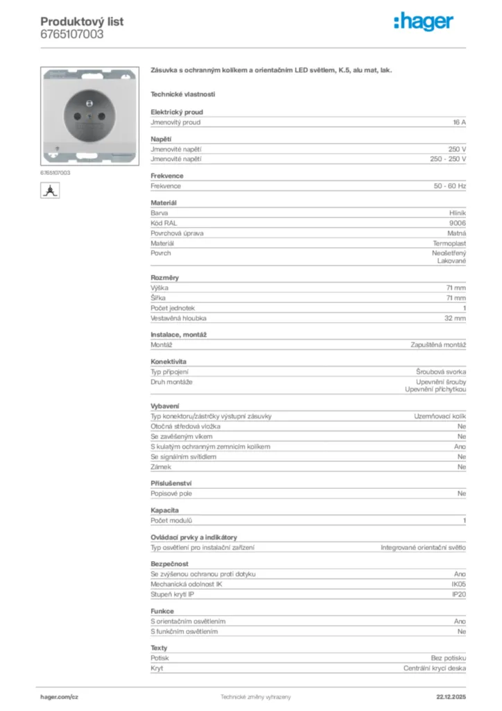 Obrázek Hager Produktový list 6765107003 | Hager