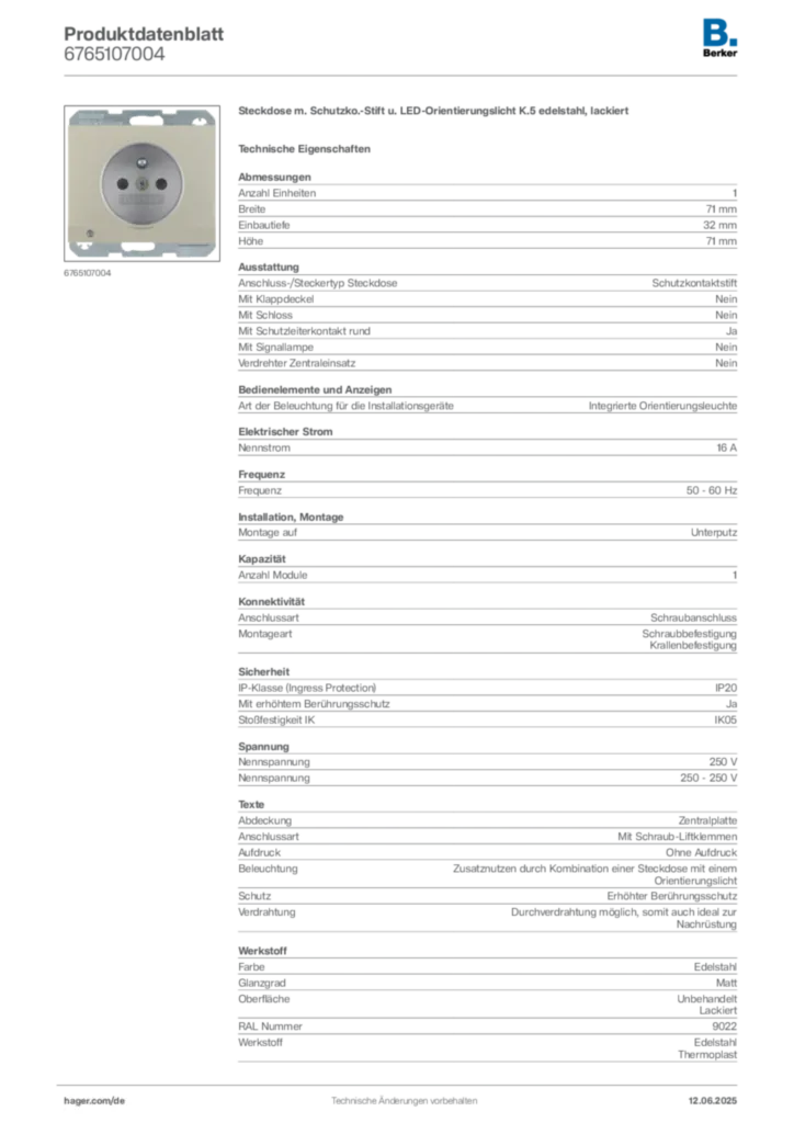 Berker Produktdatenblatt 6765107004