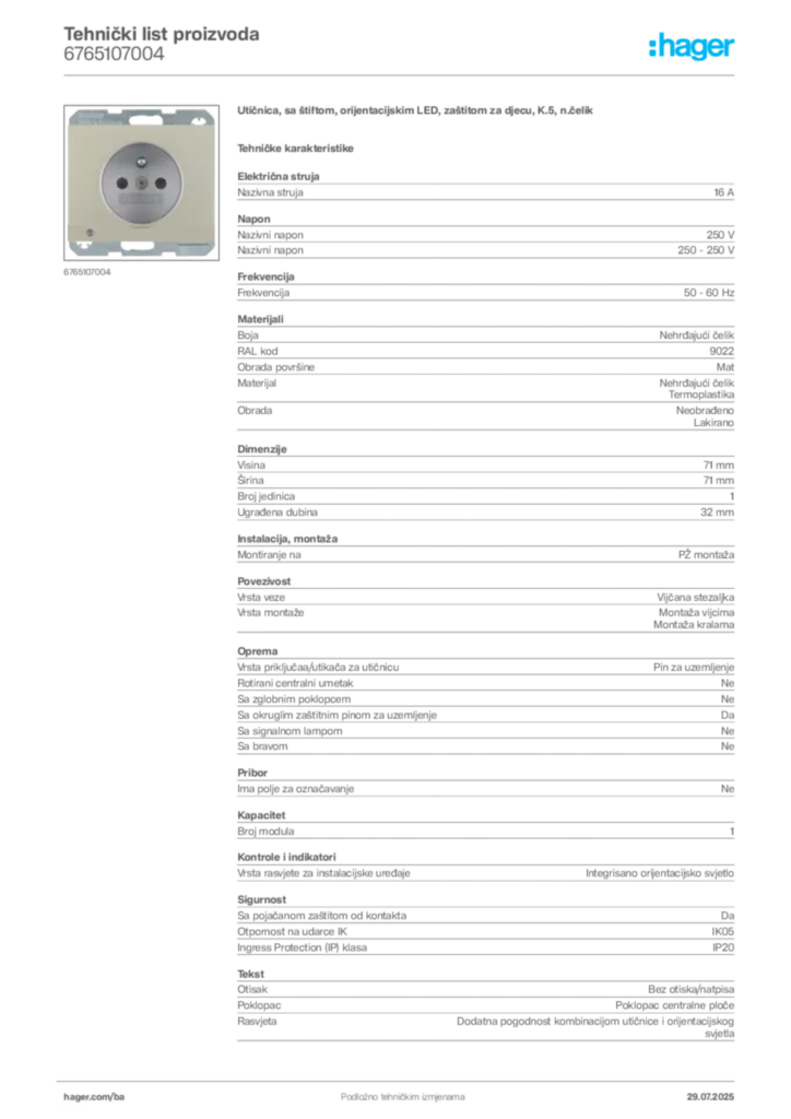 Slika Hager Product data sheet 6765107004  | Hager