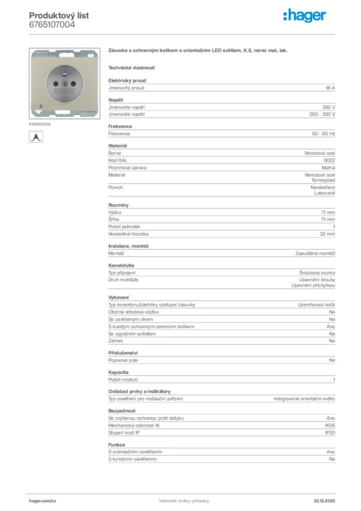 Obrázek Hager Produktový list 6765107004 | Hager