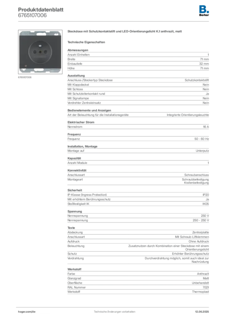 Berker Produktdatenblatt 6765107006