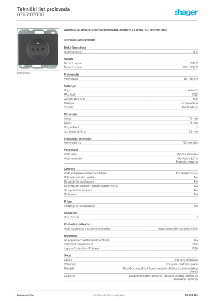Slika Hager Product data sheet 6765107006  | Hager