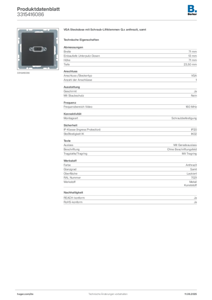 Bild Berker Produktdatenblatt 3315416086 | Hager Deutschland